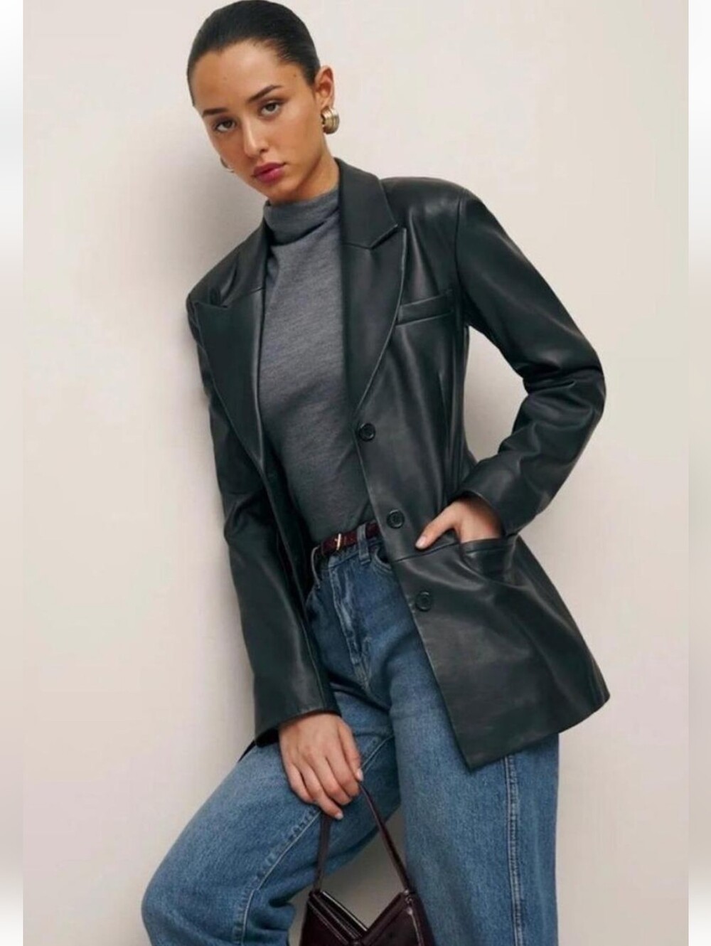 JLC New York Black Leather Blazer Jacket Size Small